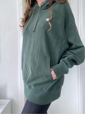 Reverse weave mainly cotton, thick, XL dark sage green vintage Champion hoodie